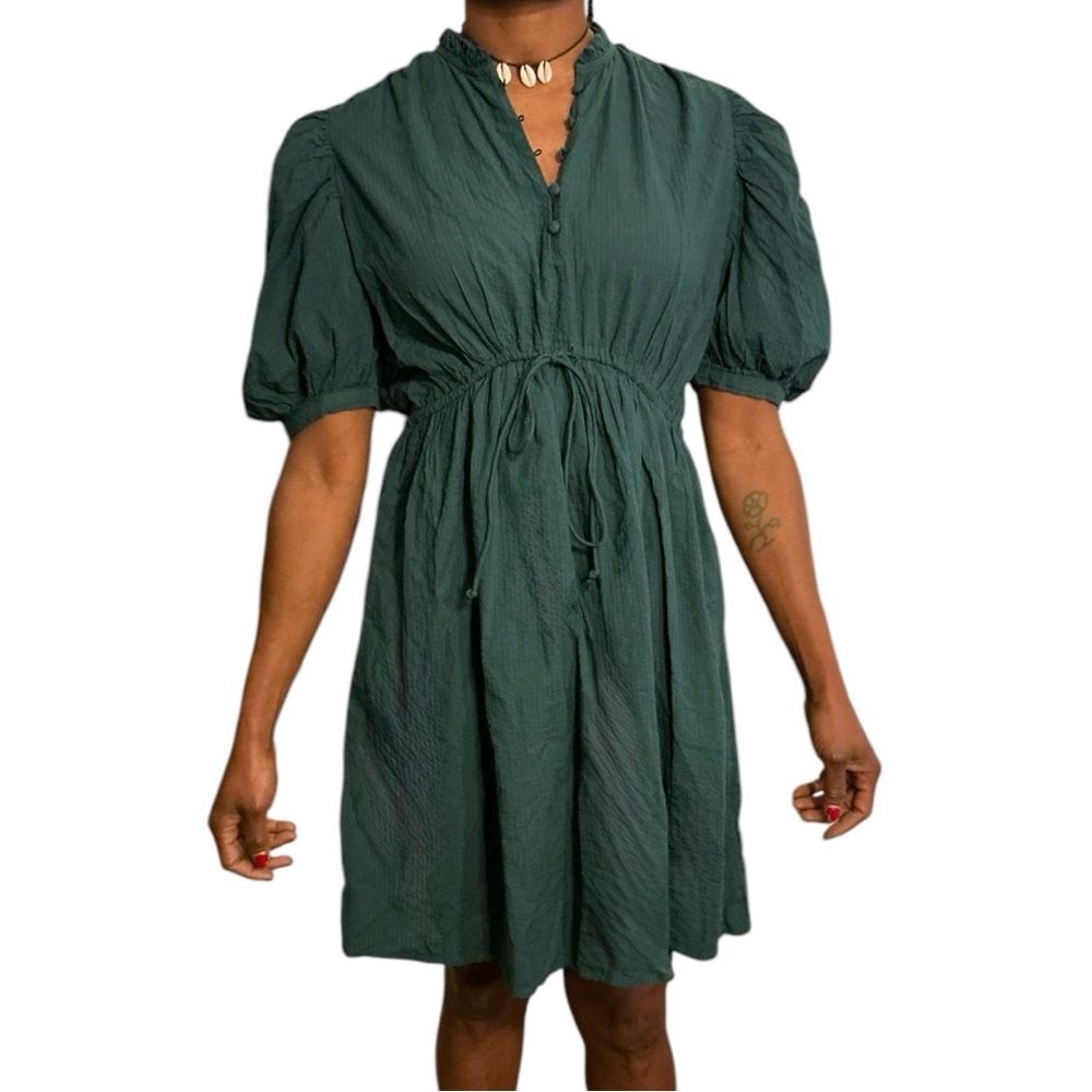 Hunter green puffy sleeve, drawstring cinch waist, flow mini dress size M